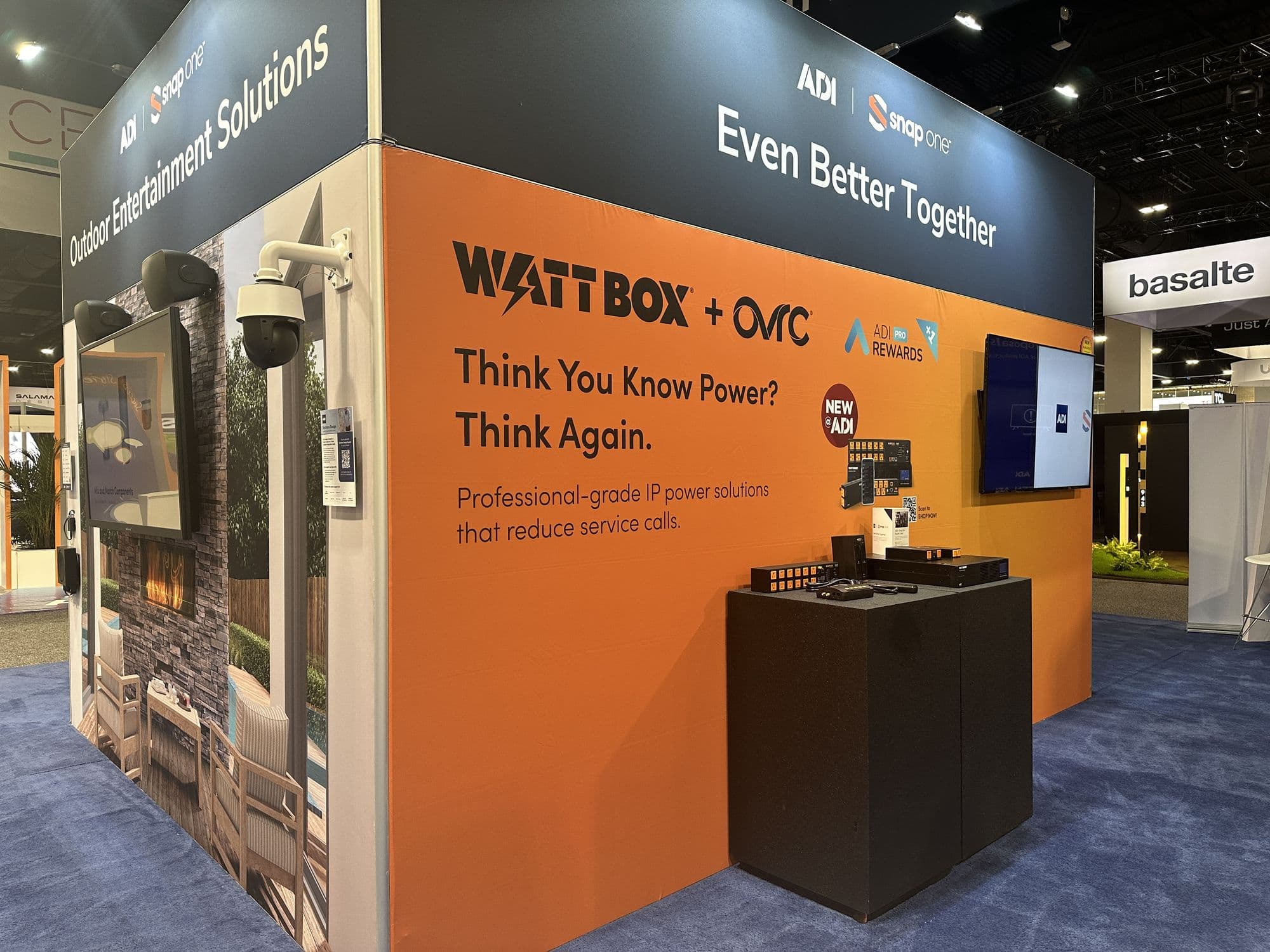 An outdoor entertainment demonstration zone with a weatherproof display and cameras