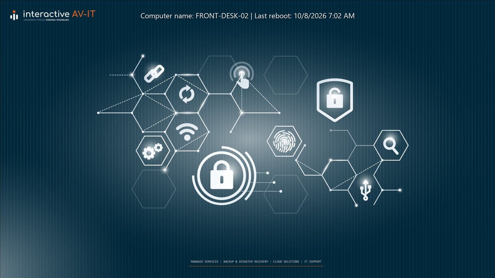 A desktop with the same artwork, the logo top-left and the computer's name and last restart across the top