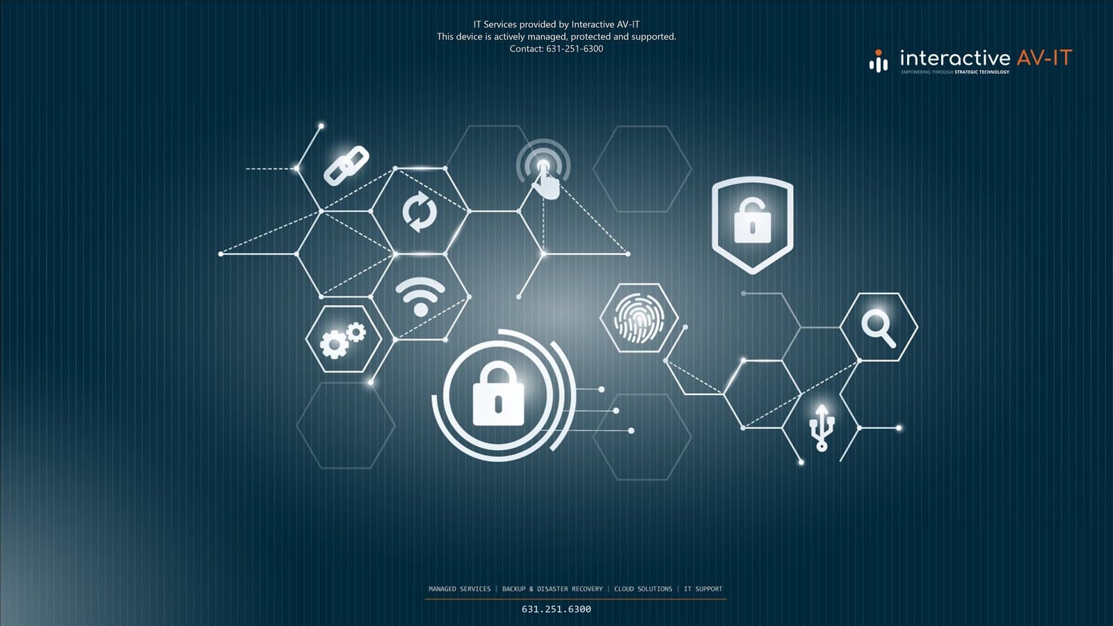 Our lock screen on a managed computer: the Interactive AV-IT logo and a message saying the device is managed, protected and supported, over our artwork